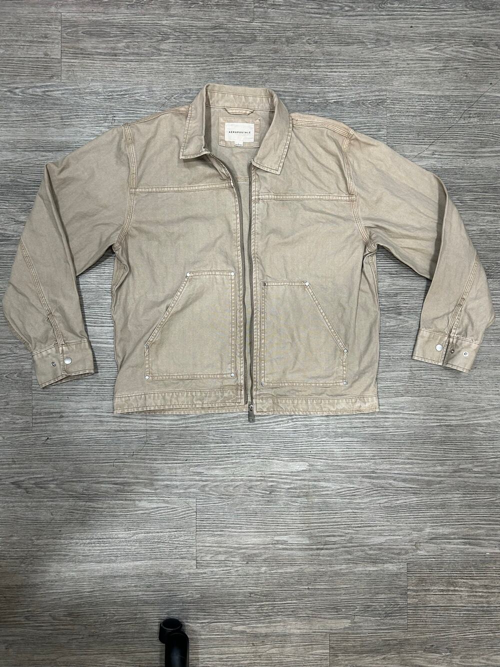 Aeropostale Utility Canvas Work Jacket Mens Large Tan Beige Full Zip Duck Cotton